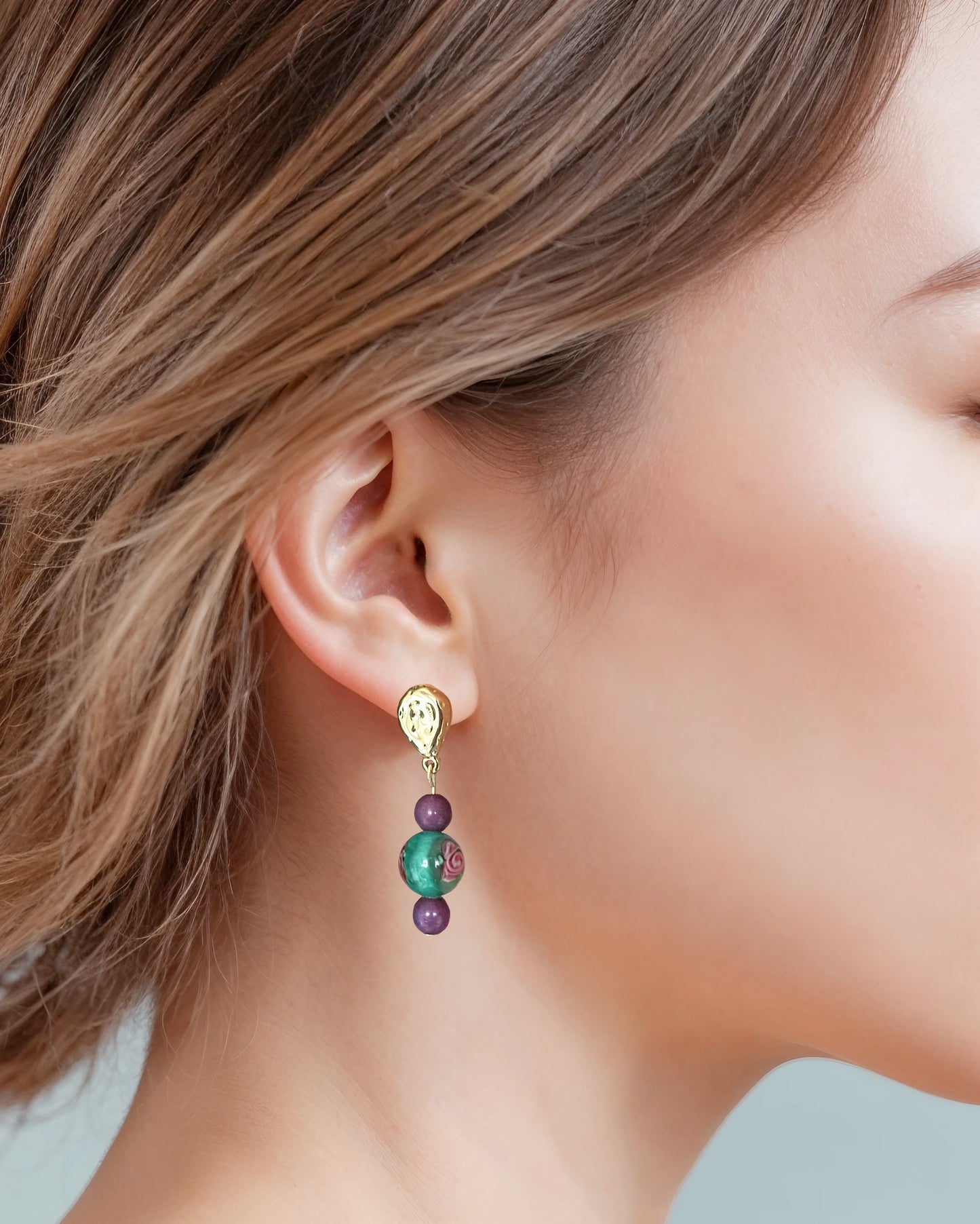 Plum and turquoise crystal earrings with flower