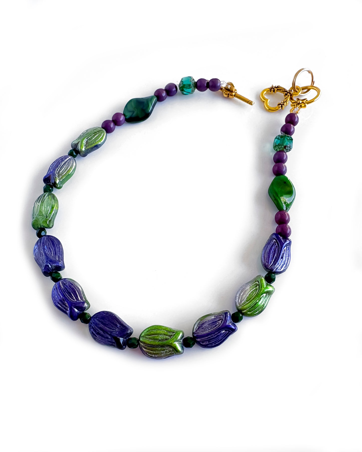 Collar-choker tulipanes de cristal verdes y morados
