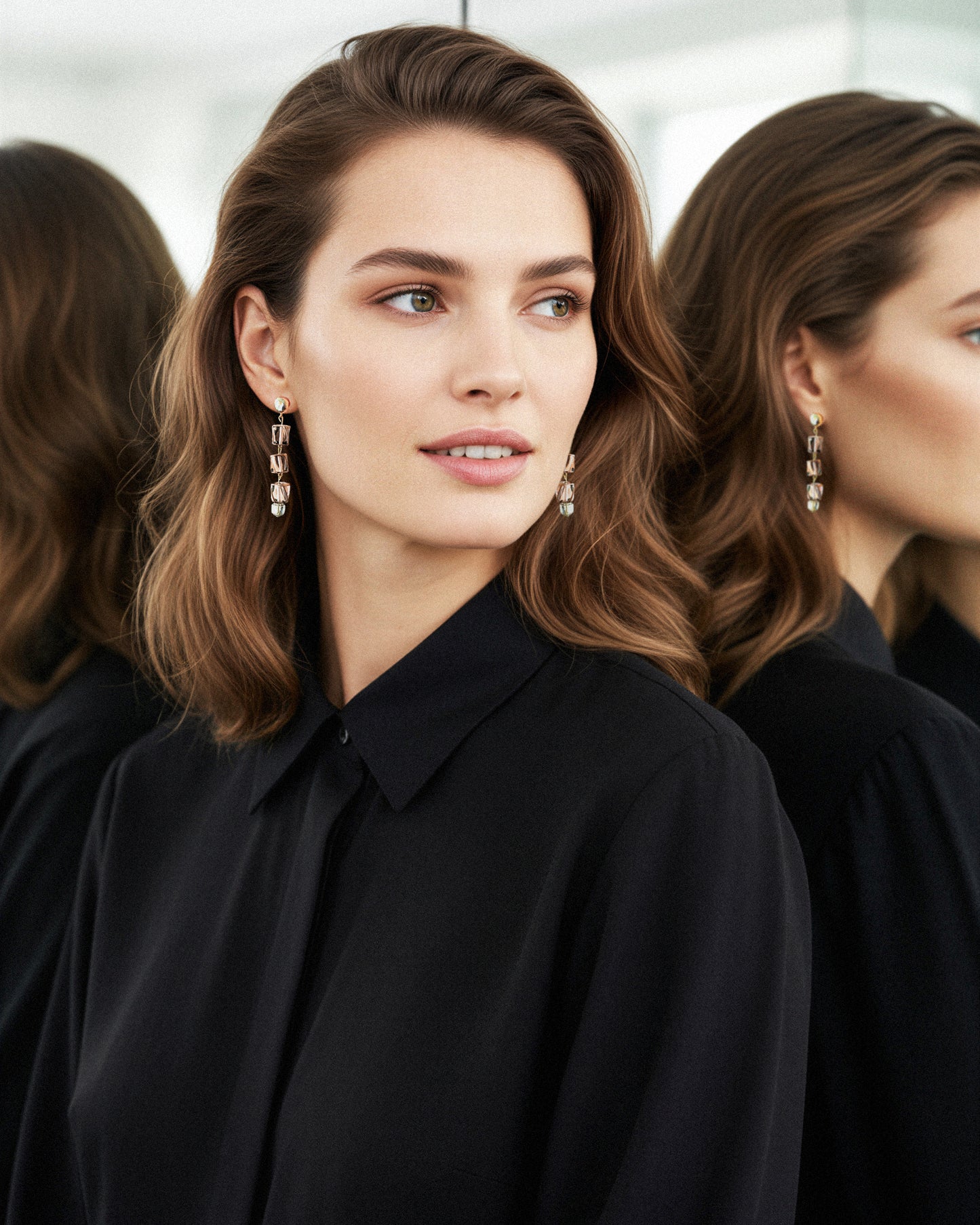 Pendientes largos Aura de cristales transparentes castaño