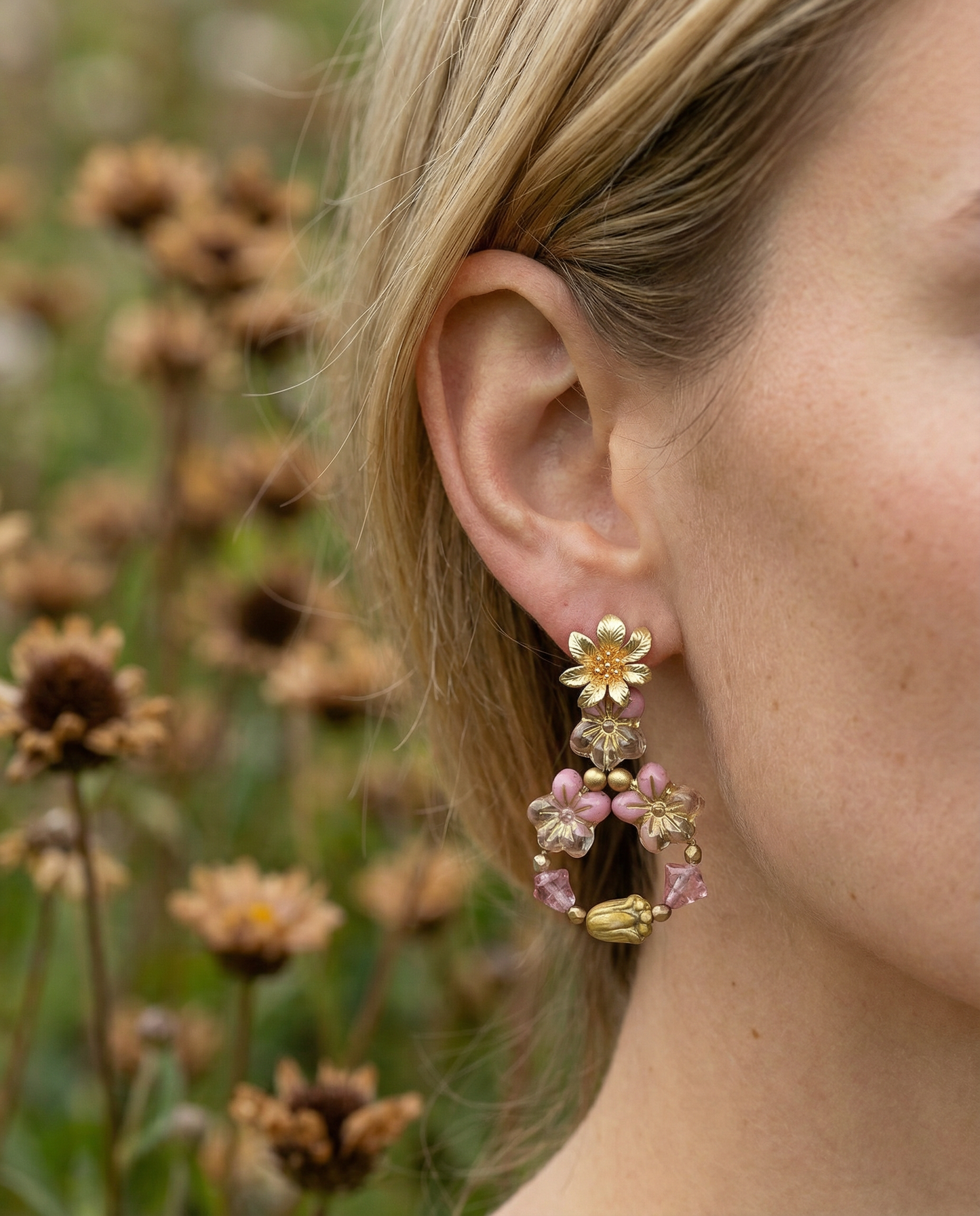 Pendientes Flor cristales rosa antiguo