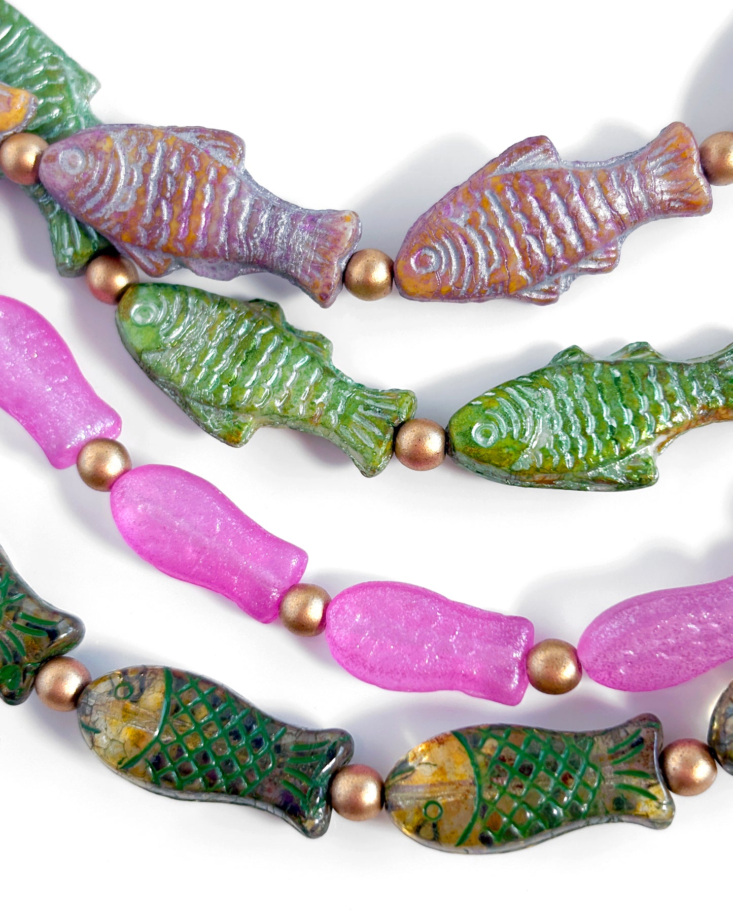 Boho Waterfall Necklace with Fuchsia and Green Fish