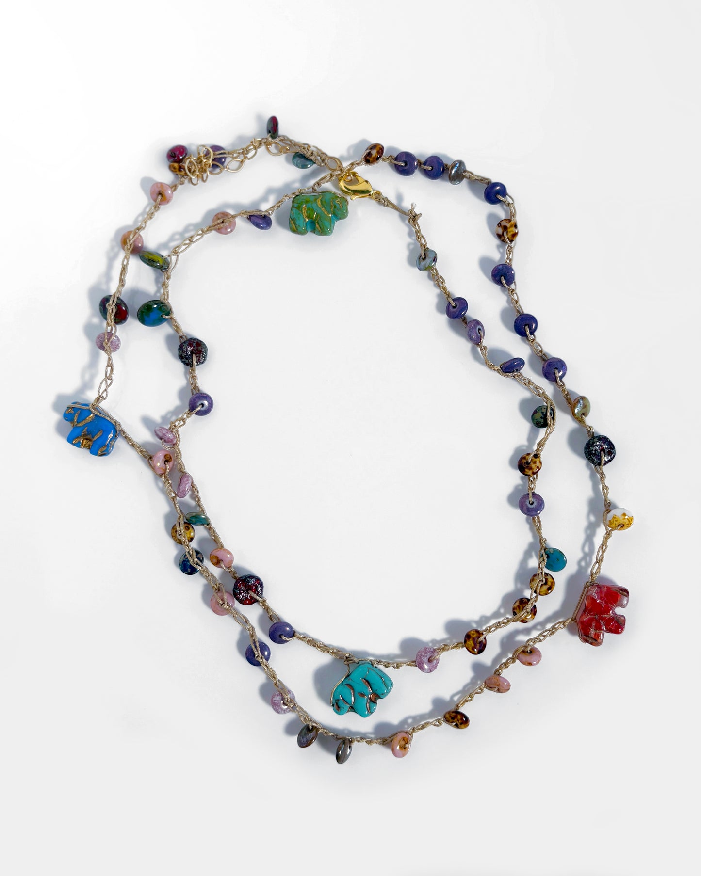 Long multicolor crochet necklace with crystal elephants