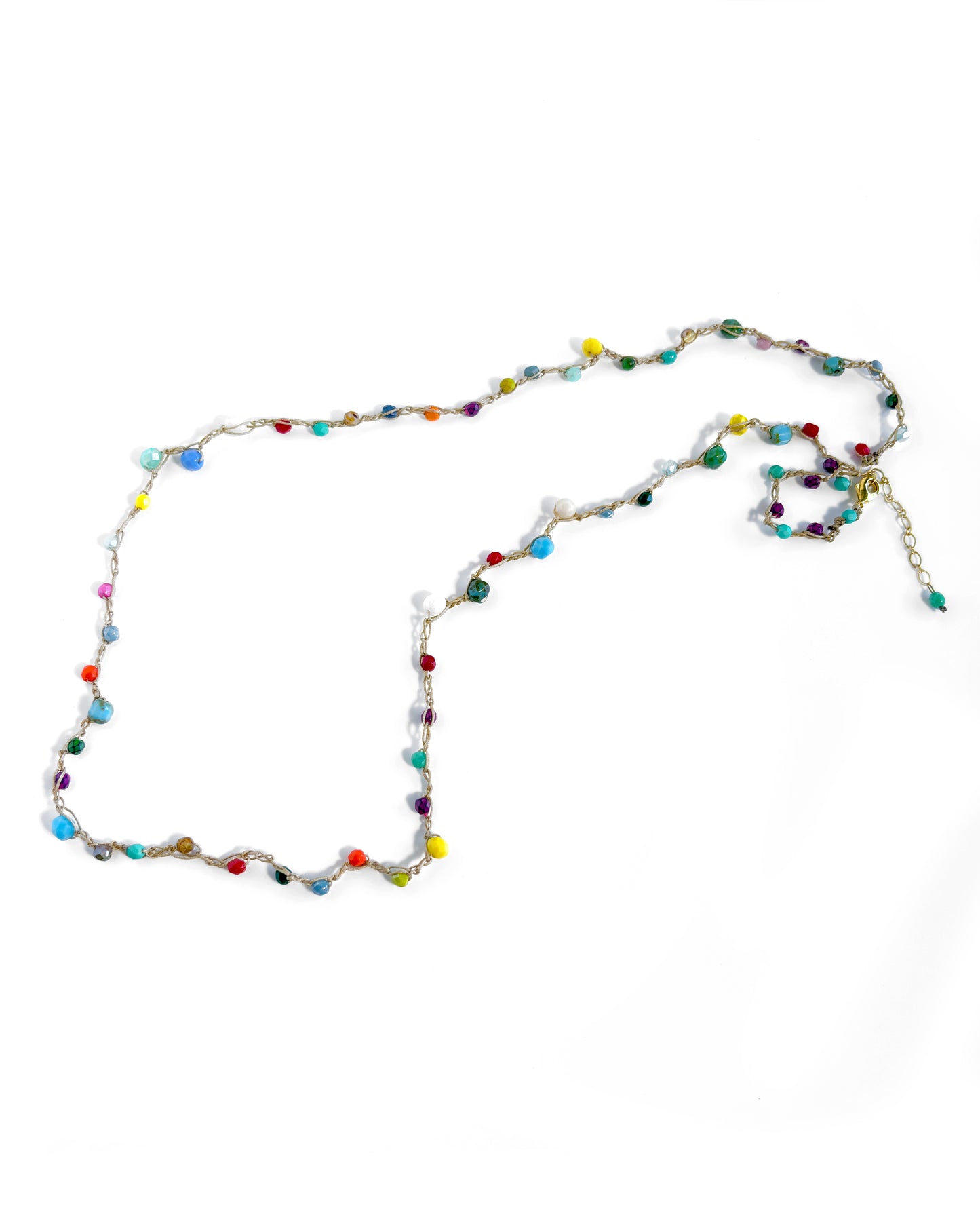 Long crochet necklace with small multicolored crystals