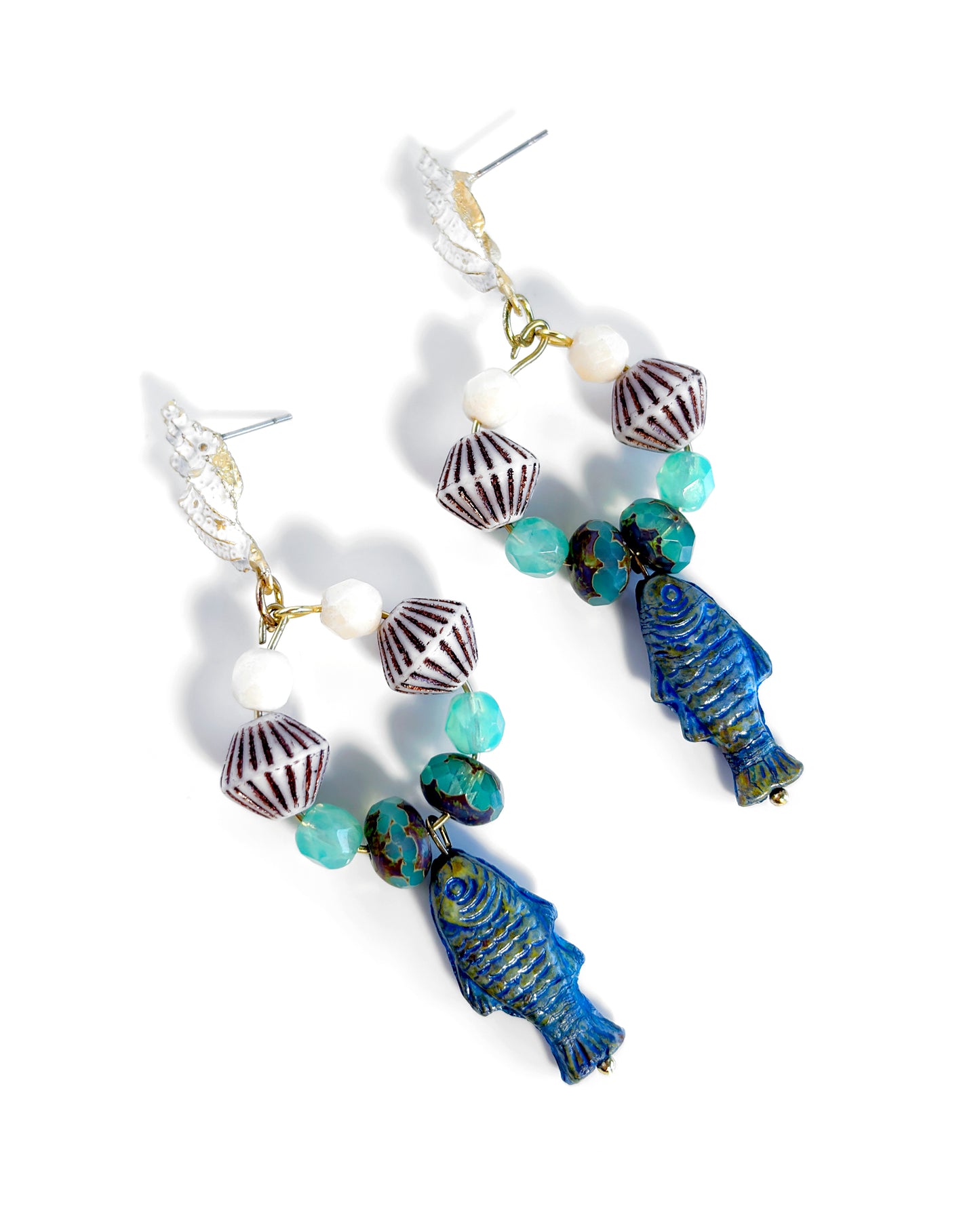 Hoop earrings with blue fish and Bohemian crystals, boho style