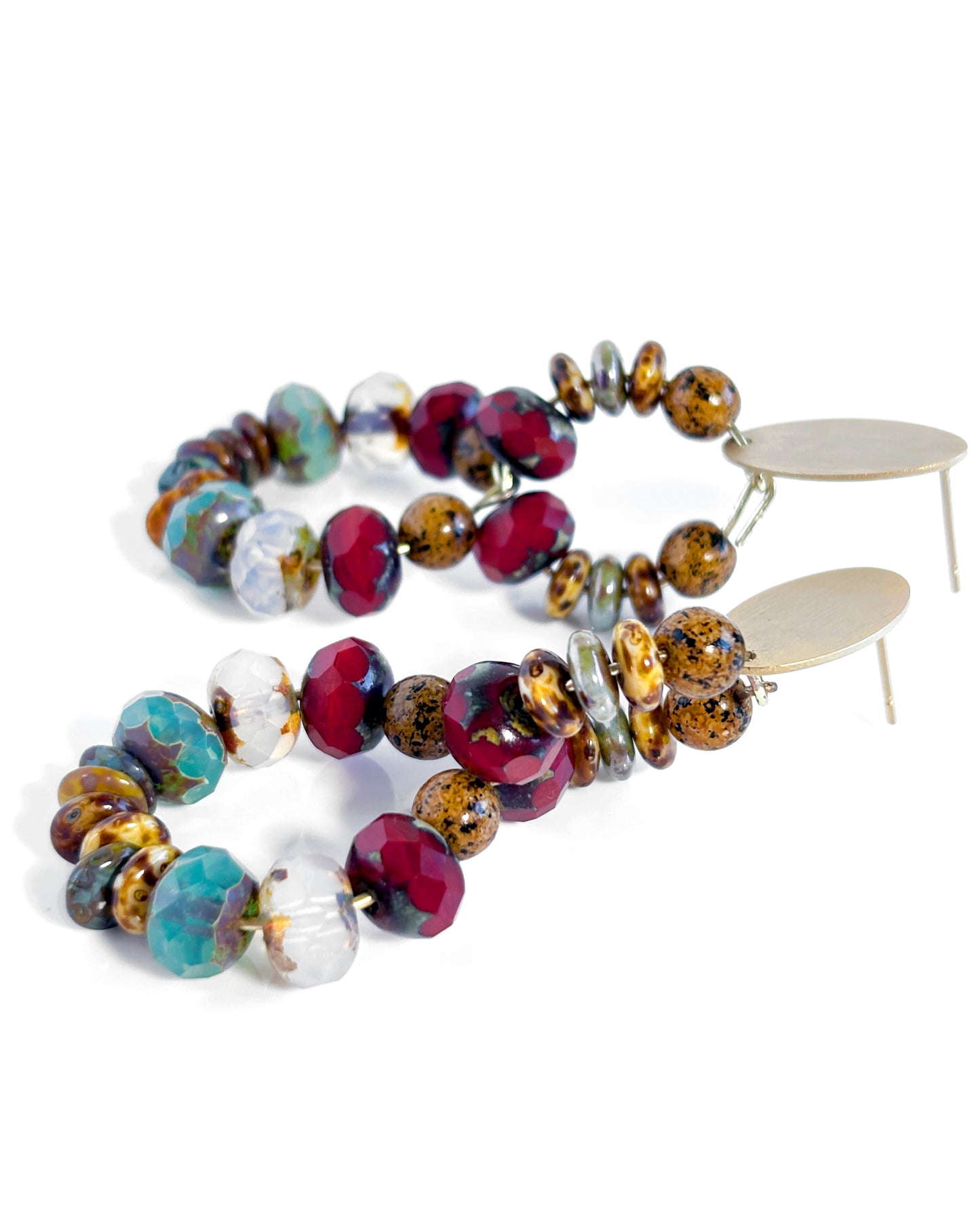 Double hoop earrings with multicolored Bohemian crystals