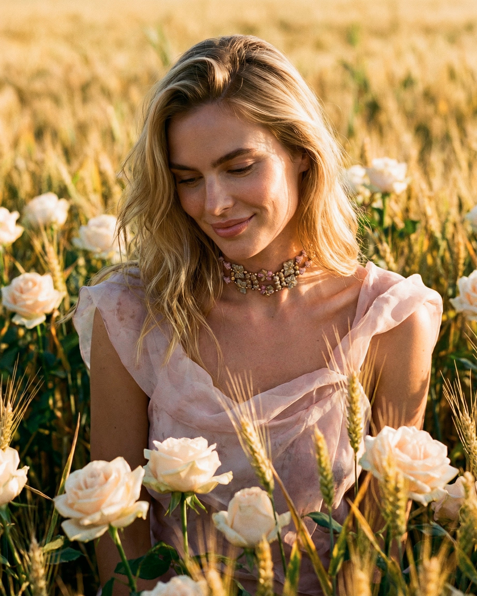 Choker Fiori rosa pastel con cristales dorados puesto, look elegante en modelo