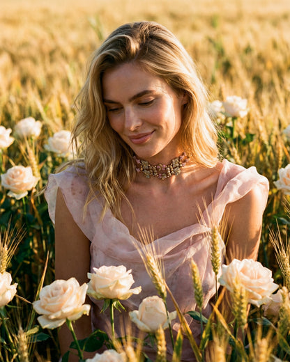 Choker Fiori rosa pastel con cristales dorados puesto, look elegante en modelo