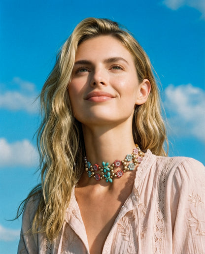 Choker Fiori con cristales flor boho multicolor