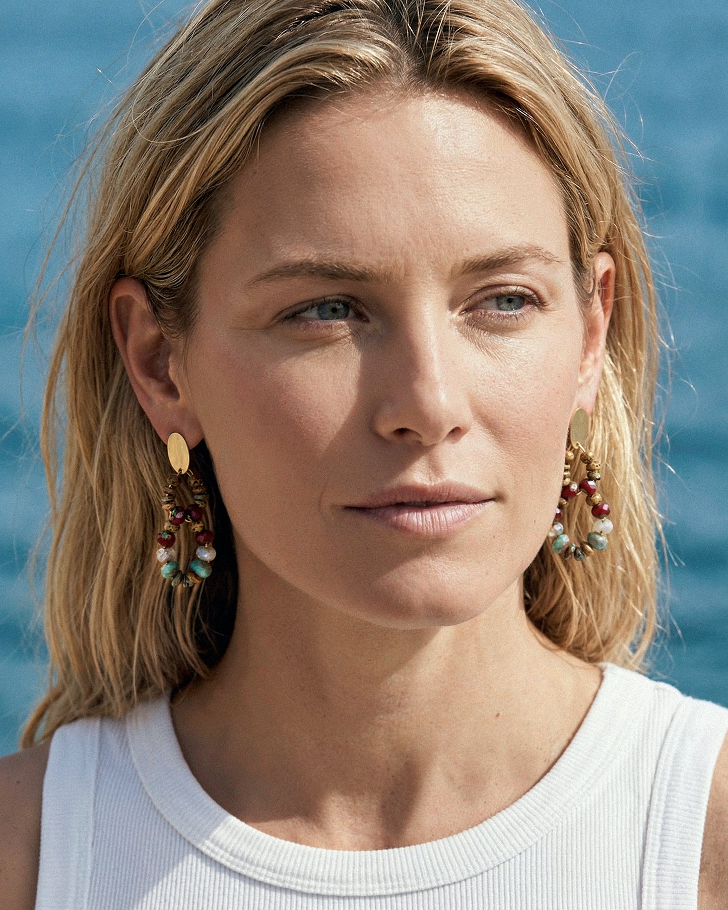 Double hoop earrings with multicolored Bohemian crystals