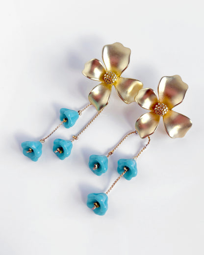Flower earrings with turquoise crystals and gold chain