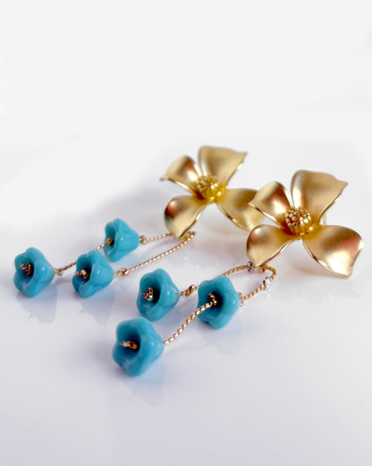 Flower earrings with turquoise crystals and gold chain