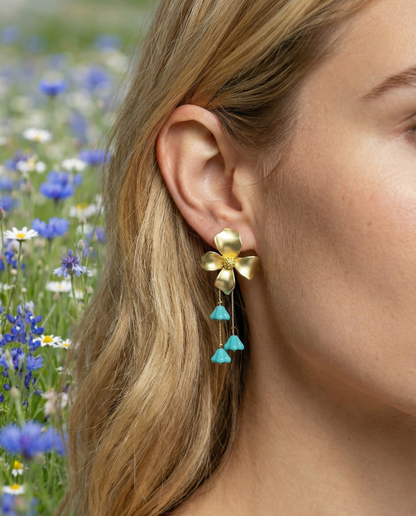 Flower earrings with turquoise crystals and gold chain