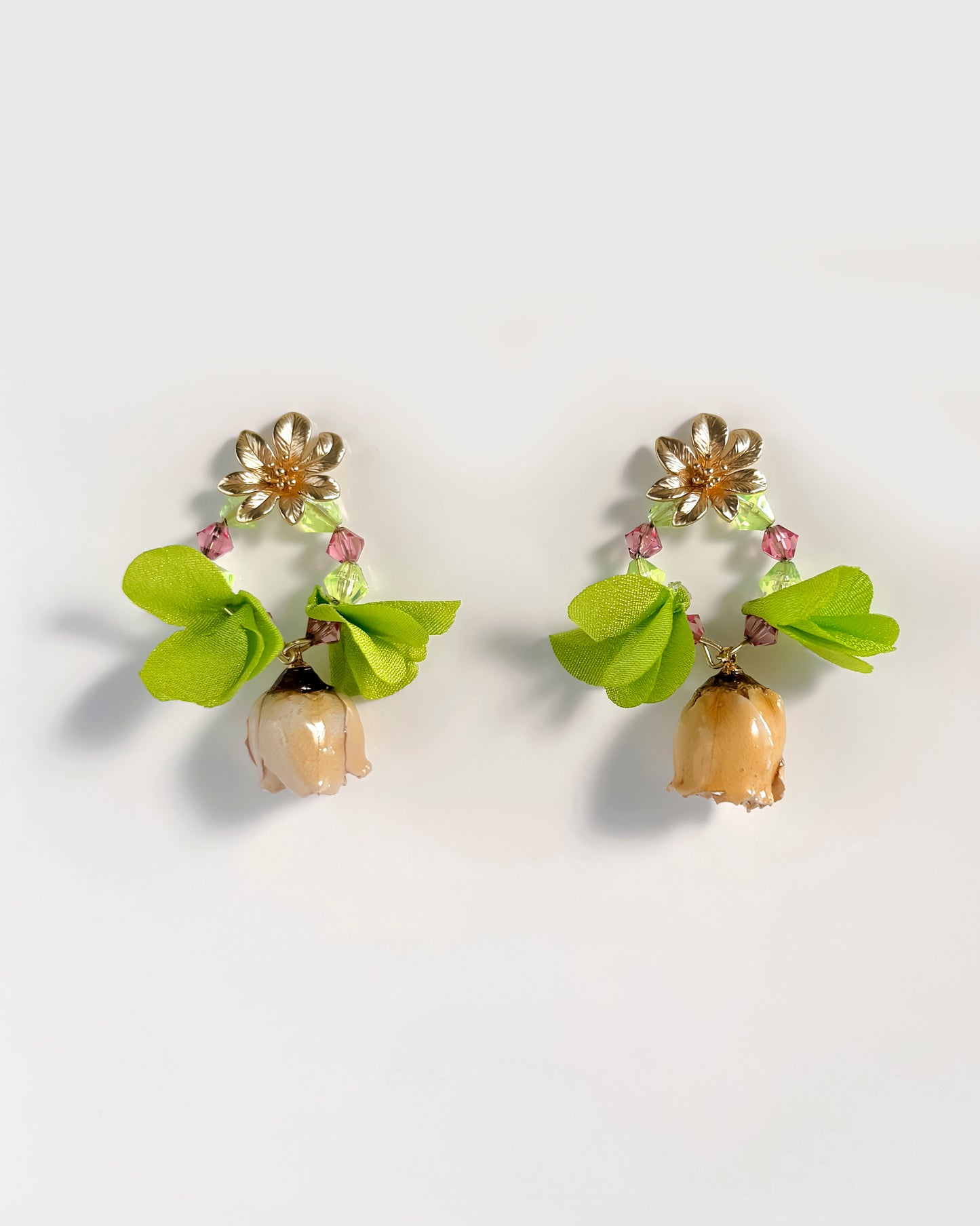 Pendientes Flor natural cristales lima y rosa
