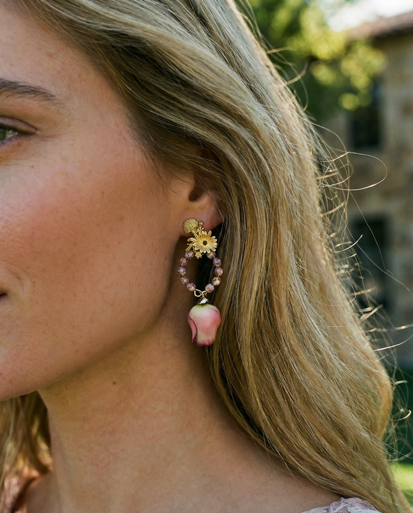 Pendientes Flor natural y cristales rosa antiguo