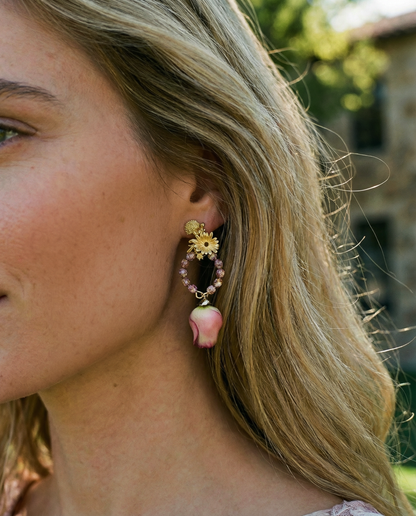 Pendientes Flor natural y cristales rosa antiguo