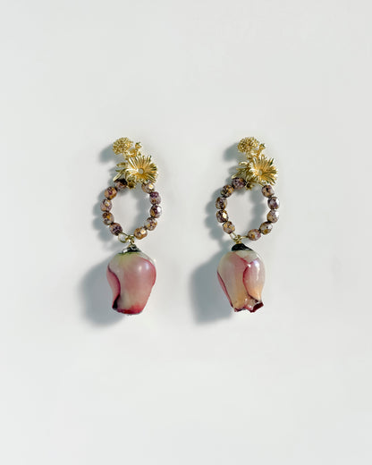 Pendientes Flor natural y cristales rosa antiguo