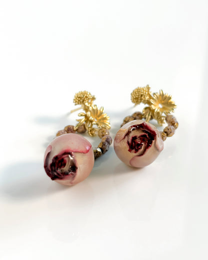 Pendientes Flor natural y cristales rosa antiguo
