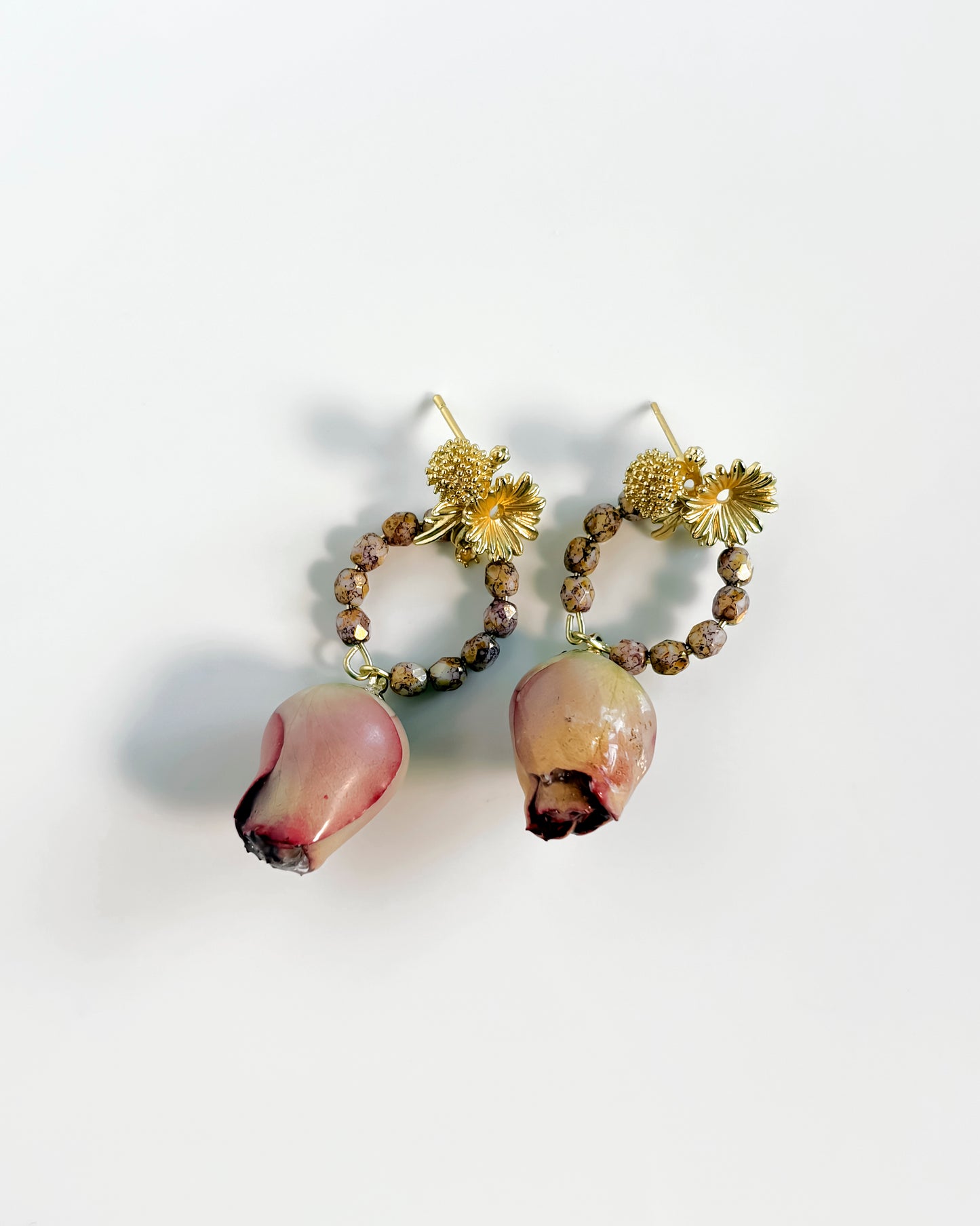 Pendientes Flor natural y cristales rosa antiguo