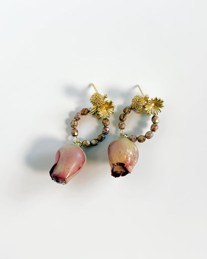 Pendientes Flor natural y cristales rosa antiguo