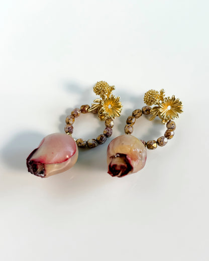 Pendientes Flor natural y cristales rosa antiguo