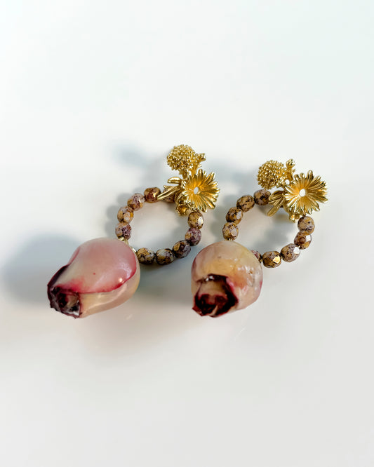 Pendientes Flor natural y cristales rosa antiguo