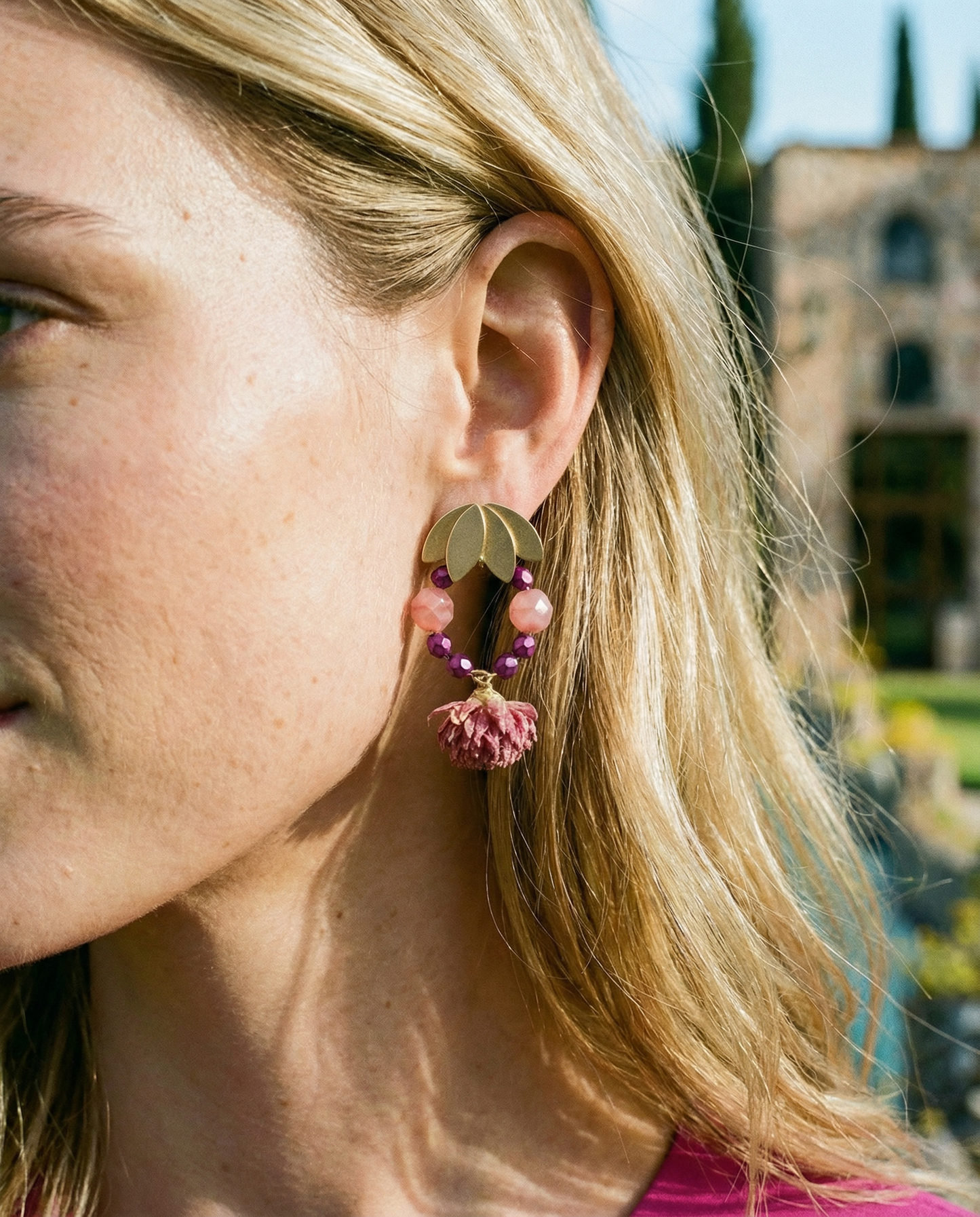 Pendientes Flor natural y cristales buganvilla