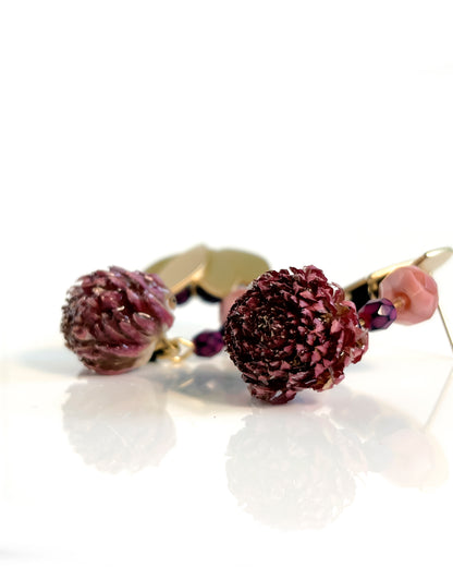 Pendientes Flor natural y cristales buganvilla