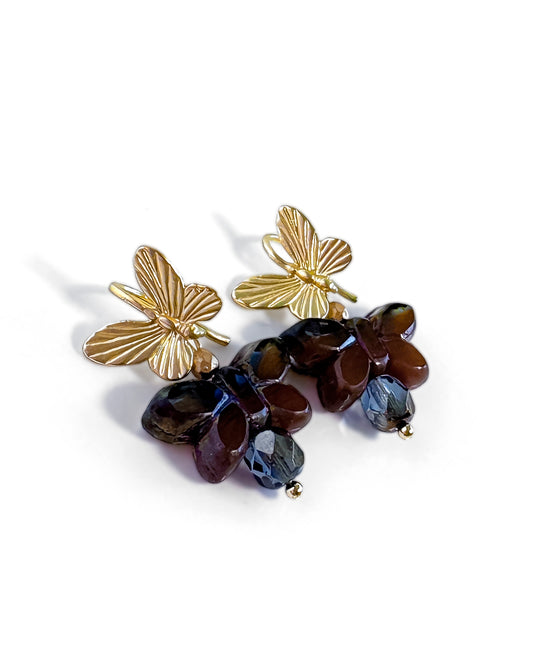 Pendientes Papillon Moka Blue con mariposas de cristal de Bohemia en tonos chocolate y azul