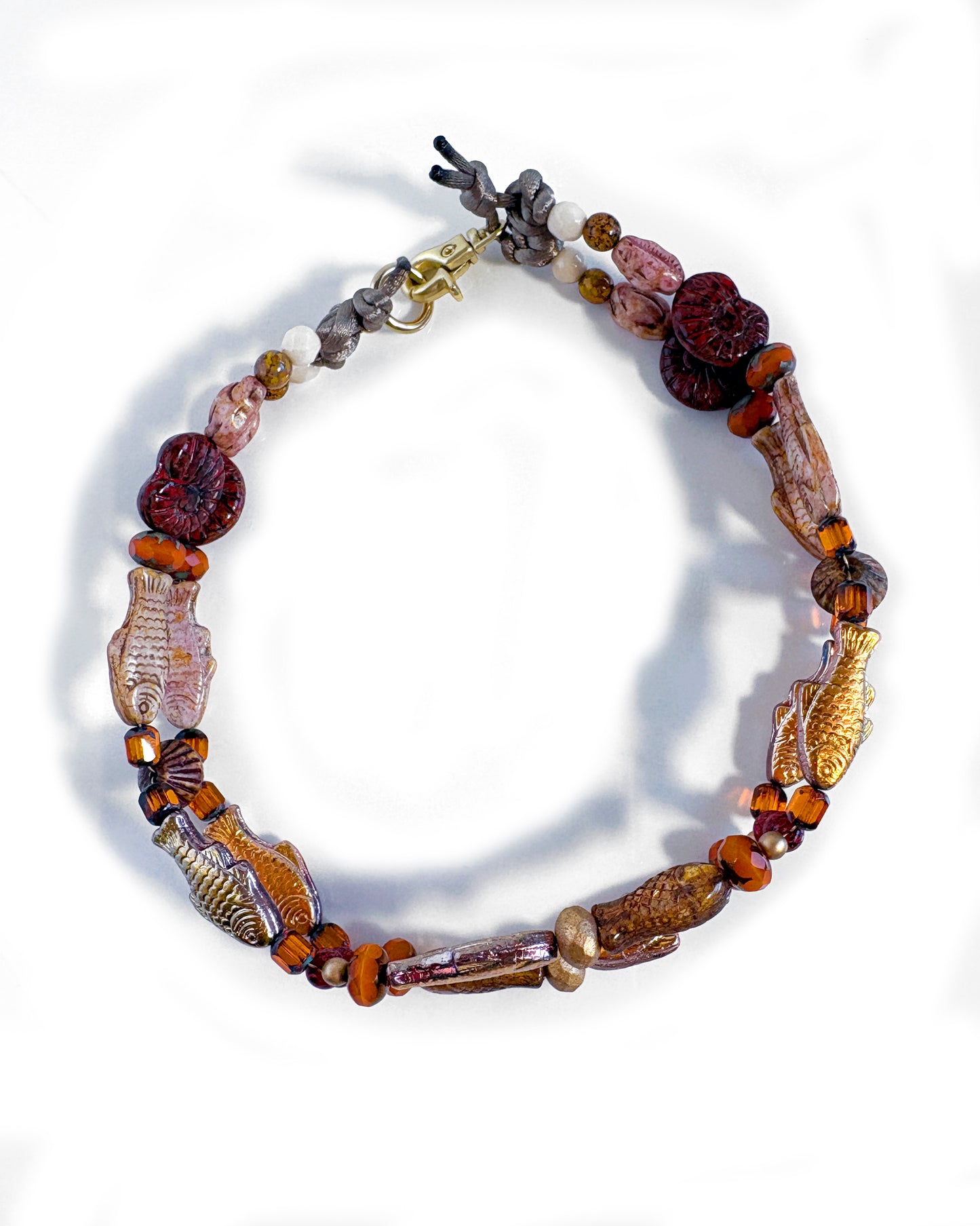 Boho choker with orange and ochre fish-shaped crystals