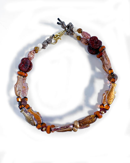 Boho choker with orange and ochre fish-shaped crystals