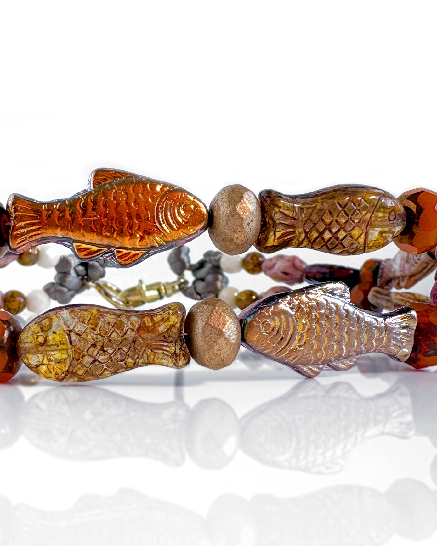 Boho choker with orange and ochre fish-shaped crystals