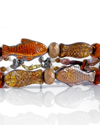 Boho choker with orange and ochre fish-shaped crystals