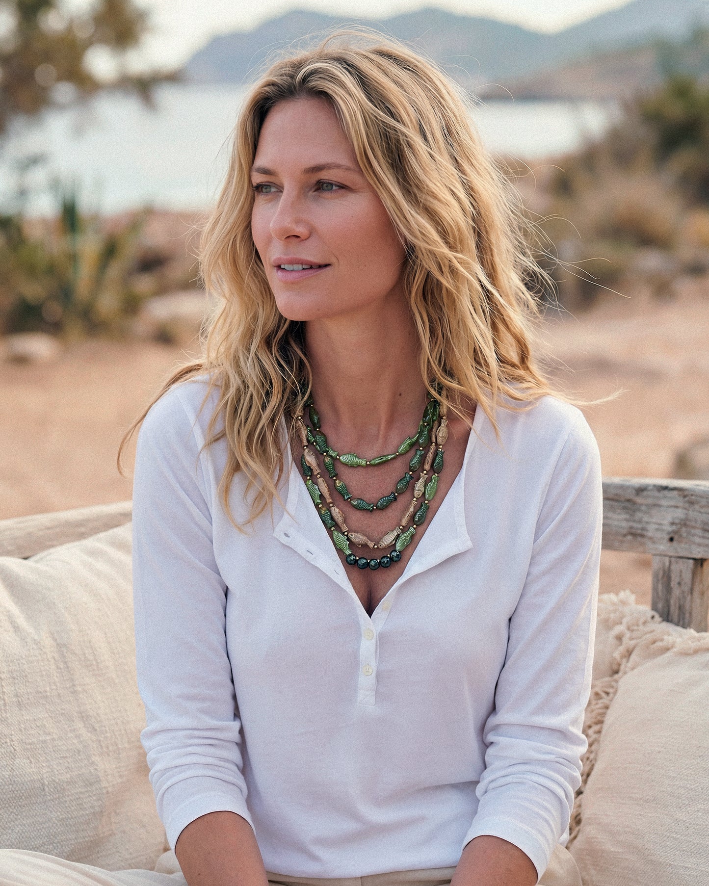 Amazonas boho necklace with green and beige fish