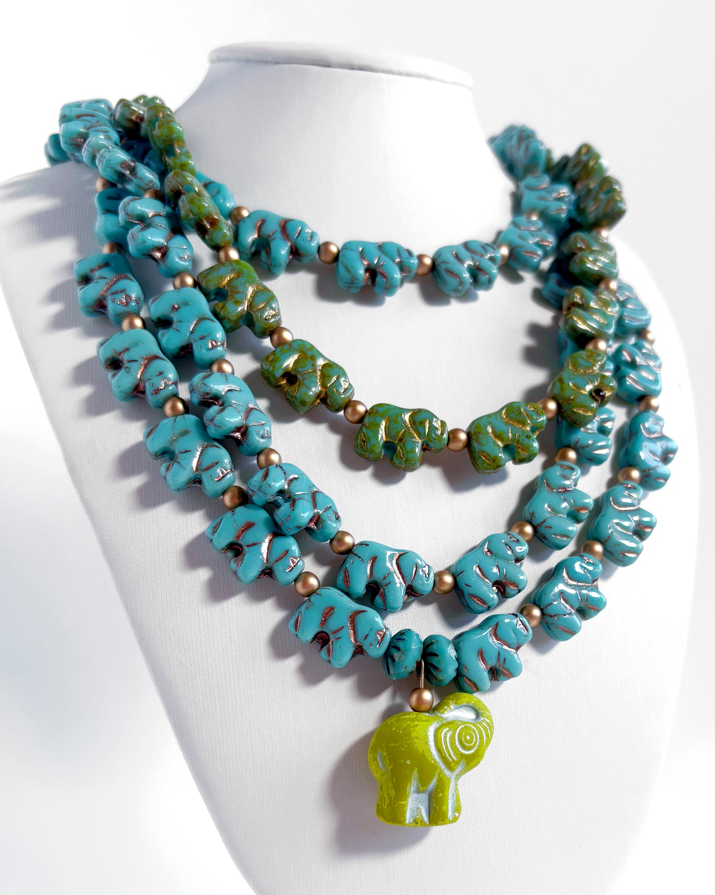 Boho Cascade Necklace with Turquoise and Green Elephants