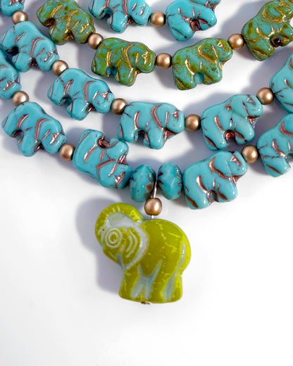 Boho Cascade Necklace with Turquoise and Green Elephants
