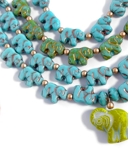 Boho Cascade Necklace with Turquoise and Green Elephants