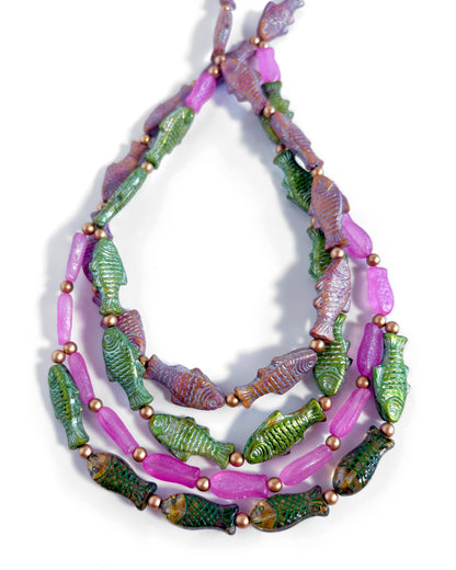Boho Waterfall Necklace with Fuchsia and Green Fish