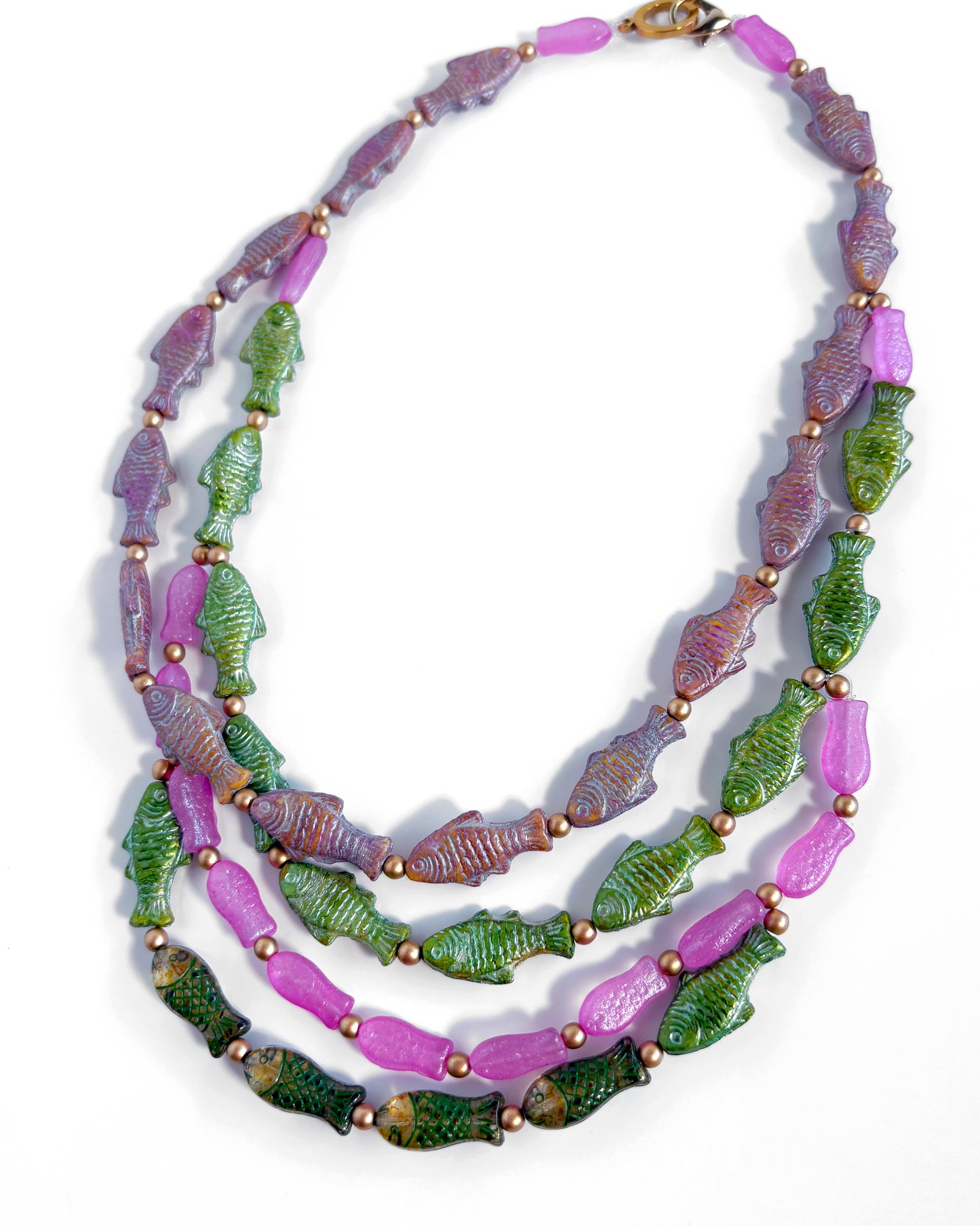 Boho Waterfall Necklace with Fuchsia and Green Fish