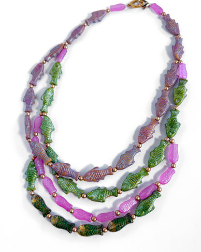 Boho Waterfall Necklace with Fuchsia and Green Fish