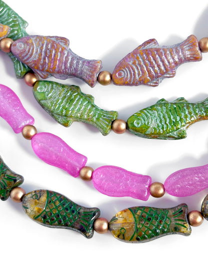 Boho Waterfall Necklace with Fuchsia and Green Fish