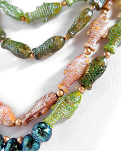Amazonas boho necklace with green and beige fish