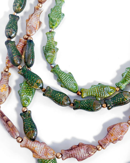 Amazonas boho necklace with green and beige fish