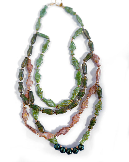 Amazonas boho necklace with green and beige fish