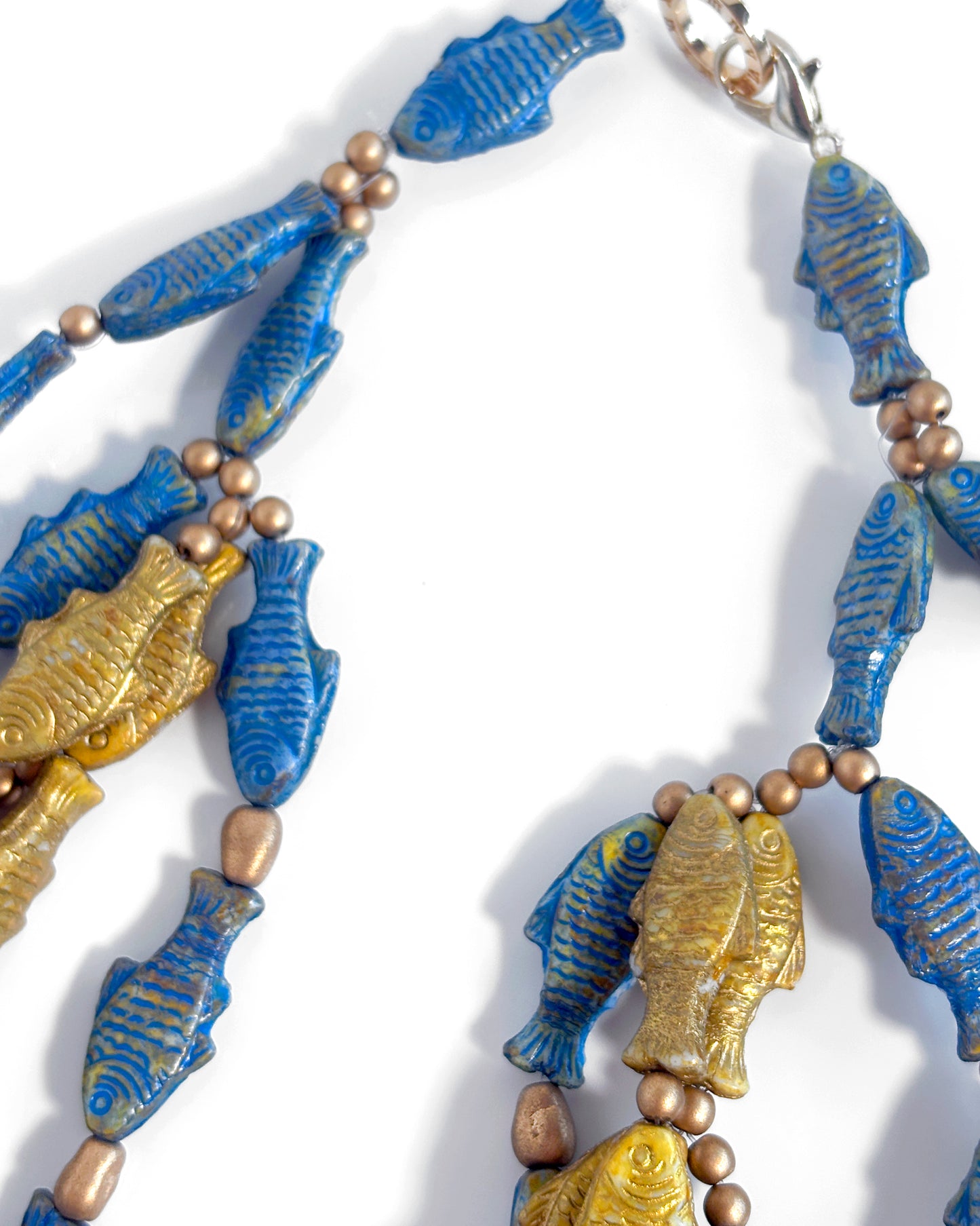 Boho Cascade Necklace with Blue and Gold Fish