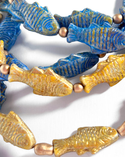 Boho Cascade Necklace with Blue and Gold Fish