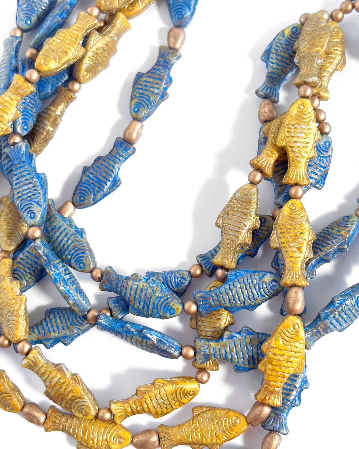 Boho Cascade Necklace with Blue and Gold Fish