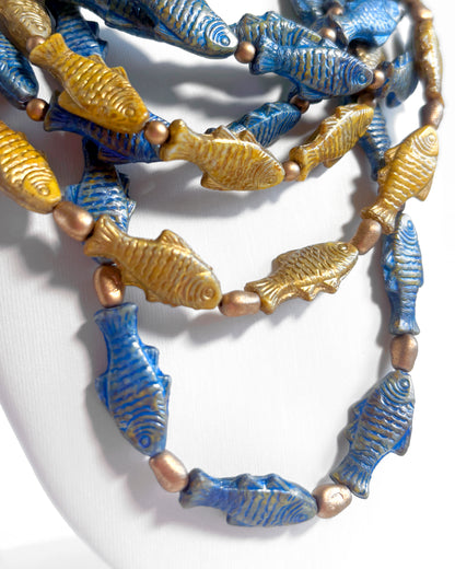 Boho Cascade Necklace with Blue and Gold Fish