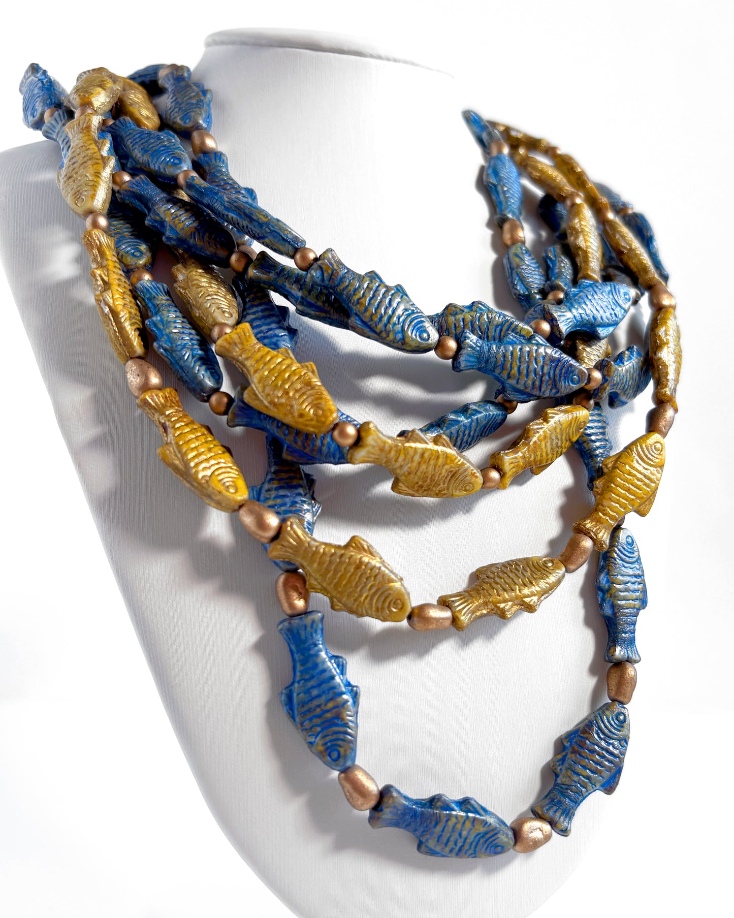 Boho Cascade Necklace with Blue and Gold Fish