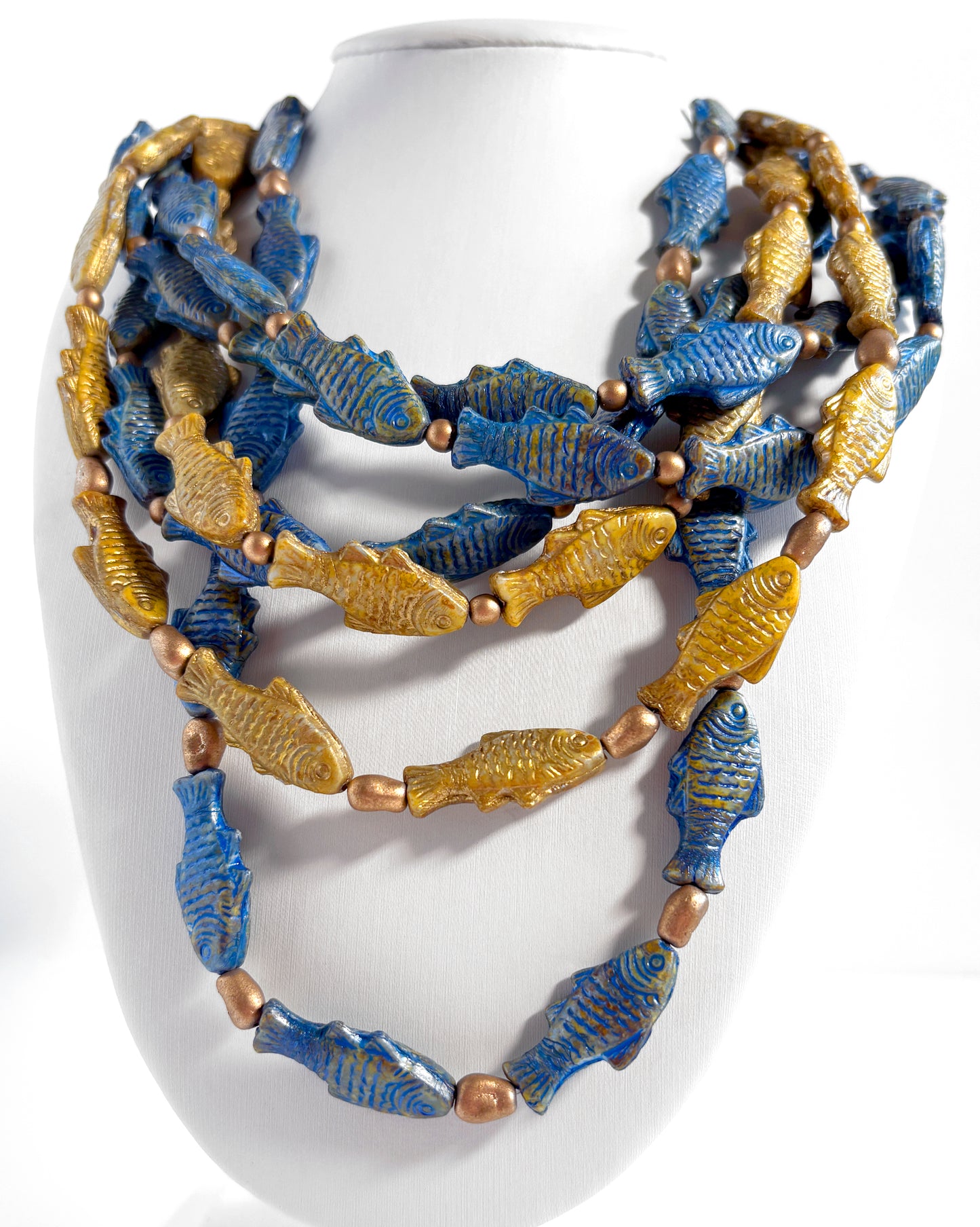 Boho Cascade Necklace with Blue and Gold Fish