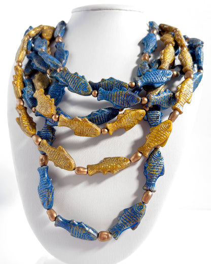 Boho Cascade Necklace with Blue and Gold Fish